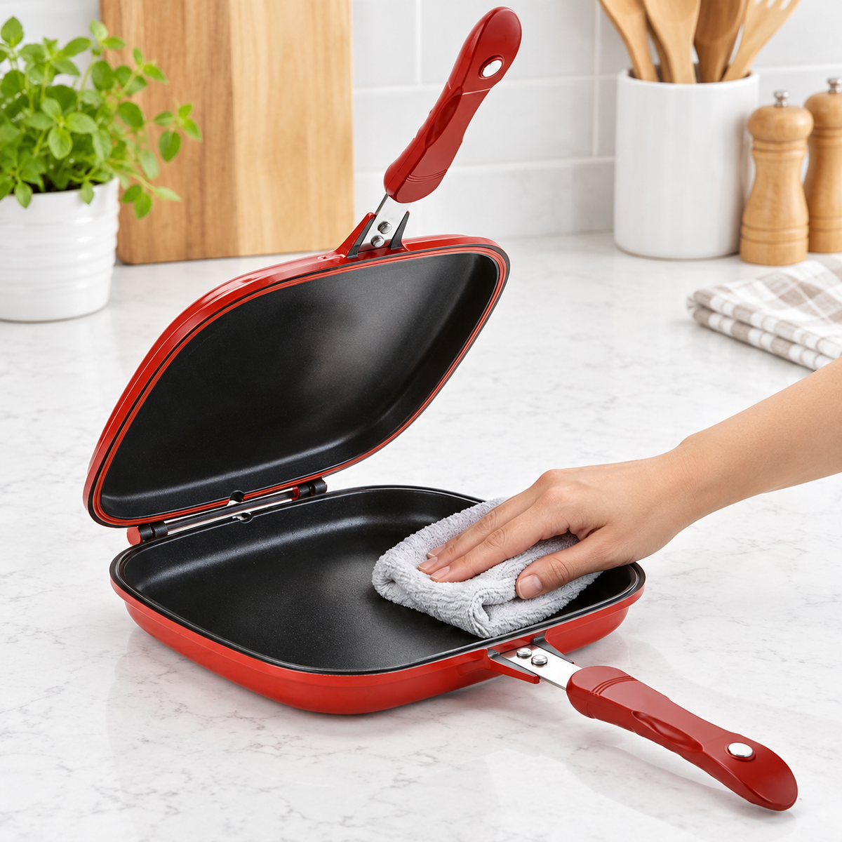 Cleaning the cool open pan interior with a soft cloth.