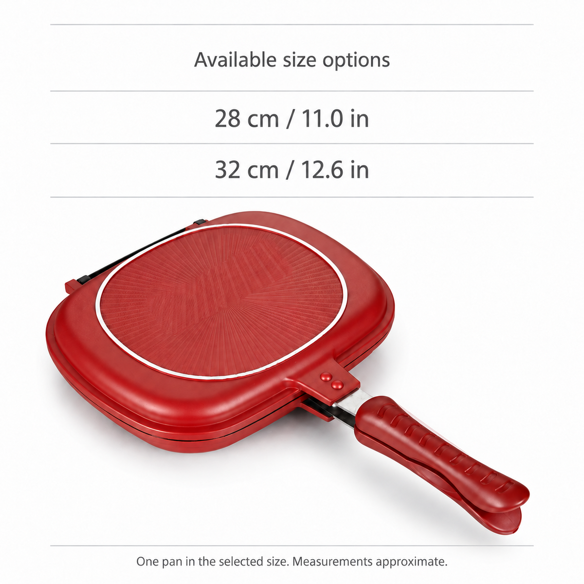 Available pan size options: 28 cm / 11.0 in or 32 cm / 12.6 in; one pan in the selected size; approximate measurements.