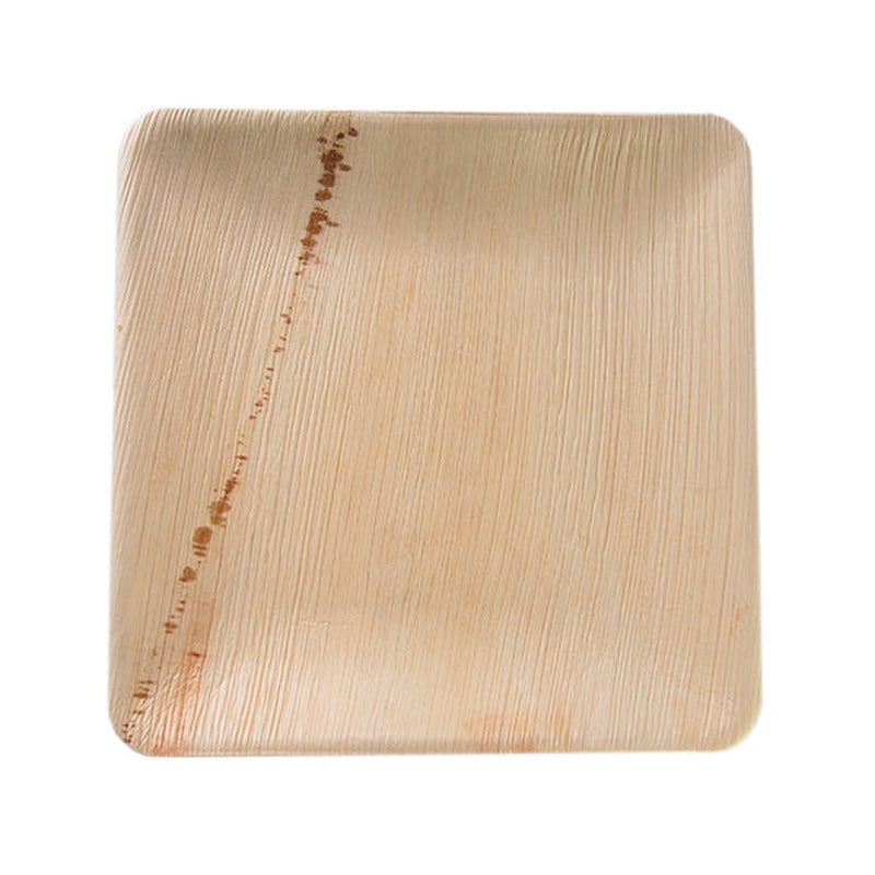 Genuine product photograph of an 8-inch square palm leaf plate on white.