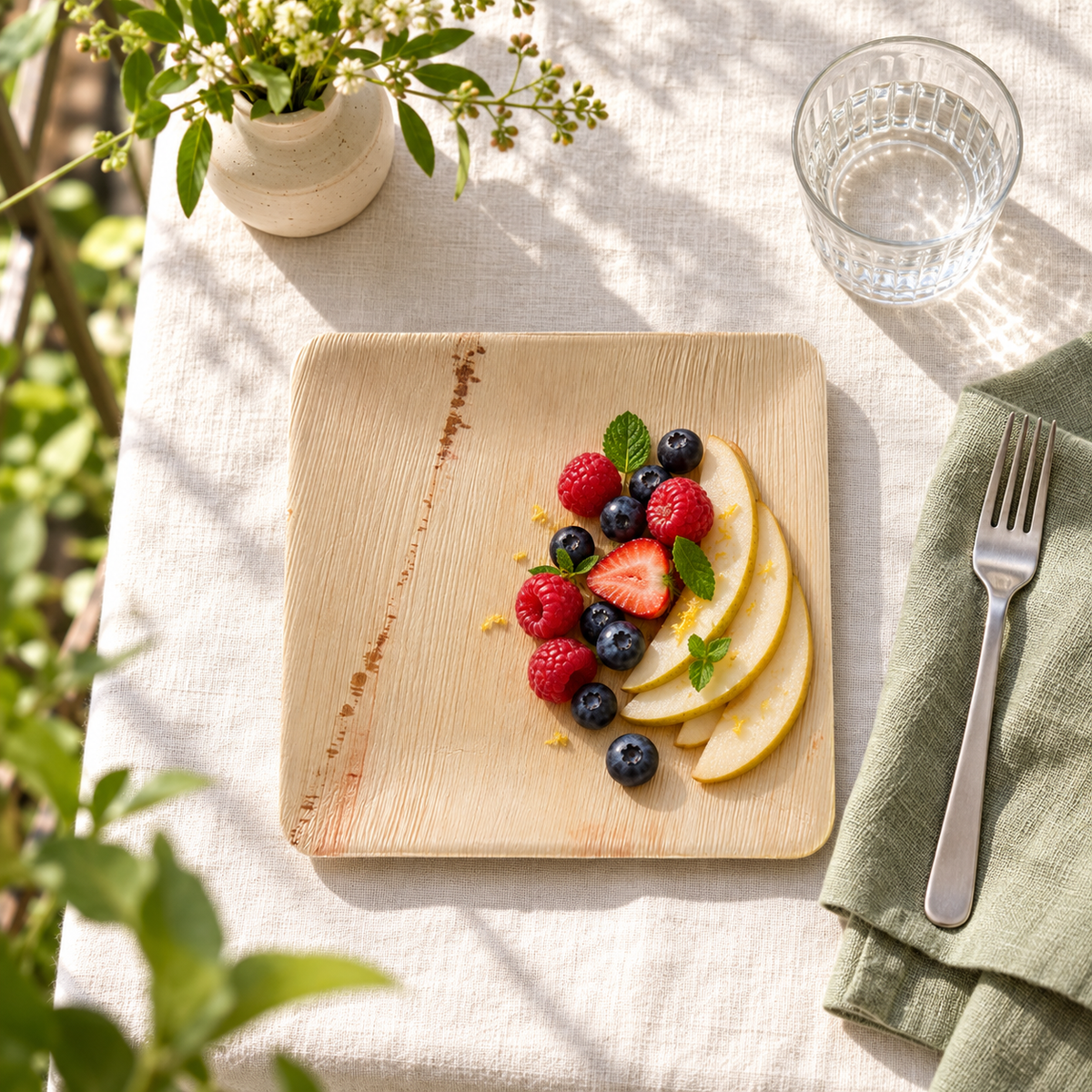 Square palm leaf plate with pear and berries on a balcony linen table. Food and styling props are not included.