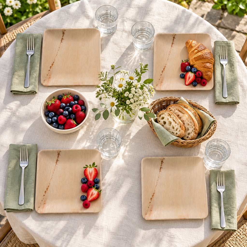 Four square palm leaf plates at a garden brunch table, a representative selection from the 50-plate pack. Food and styling props are not included.