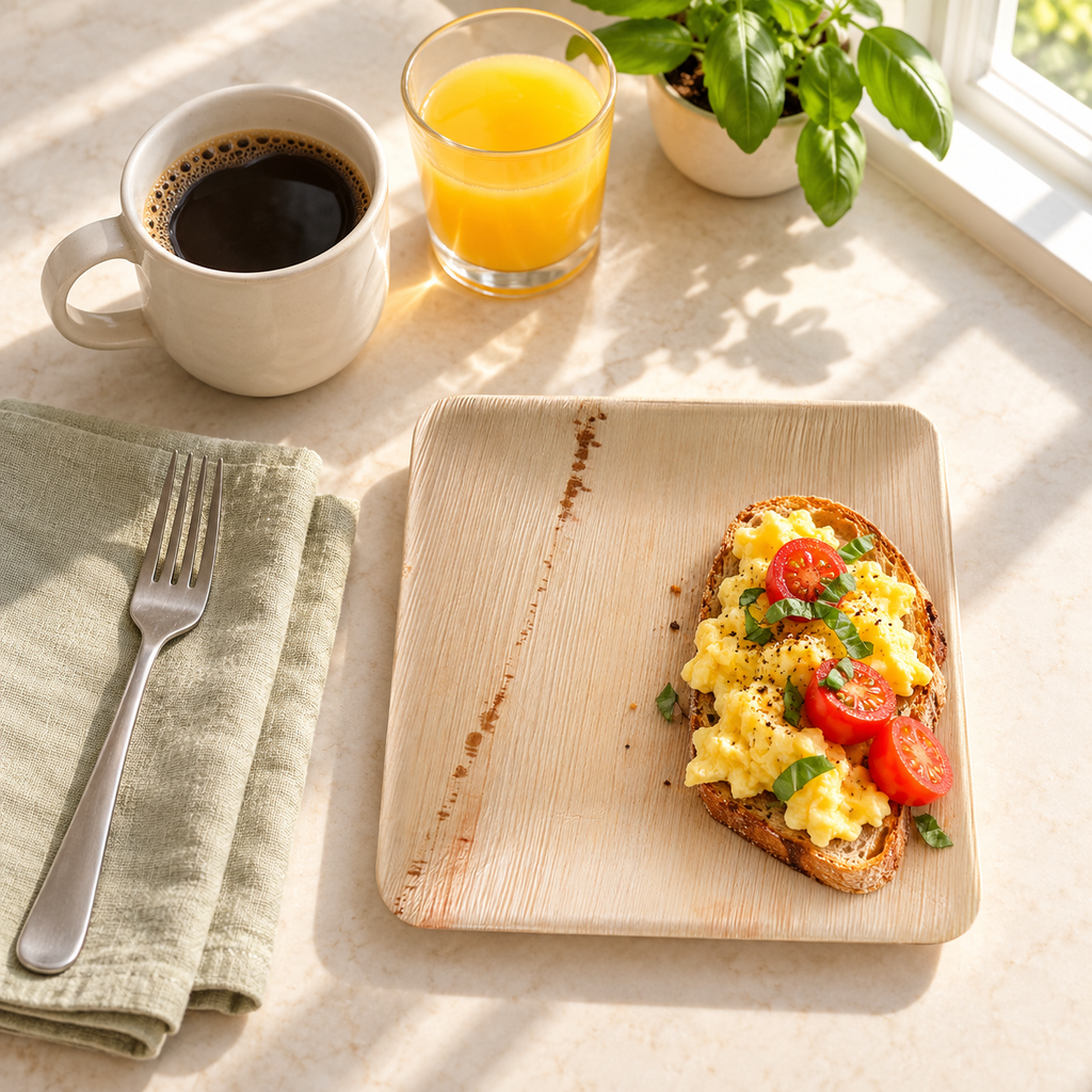 Square palm leaf plate with breakfast toast beside a bright window. Food and styling props are not included.