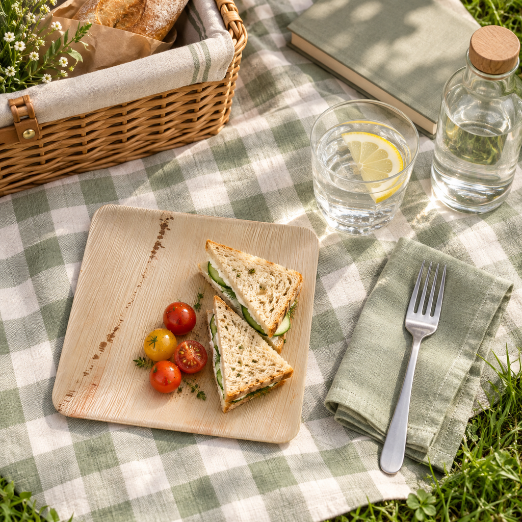 Square palm leaf plate with sandwiches on a picnic cloth. Food and styling props are not included.