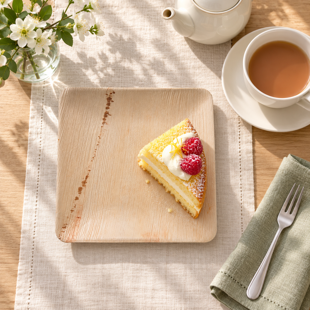 Square palm leaf plate with cake beside an afternoon tea setting. Food and styling props are not included.