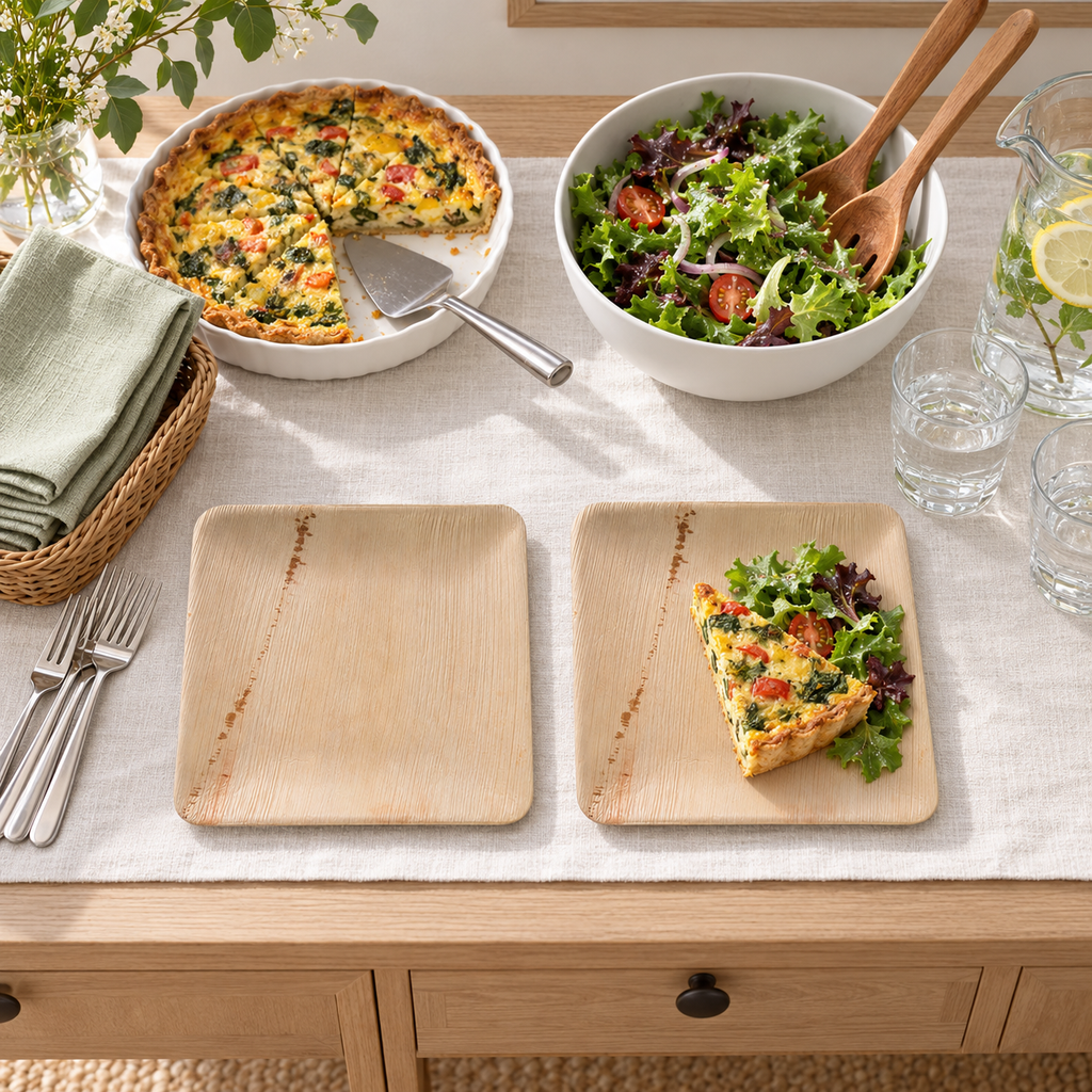 Two square palm leaf plates at a host buffet serving area, a representative selection from the 50-plate pack. Food and styling props are not included.