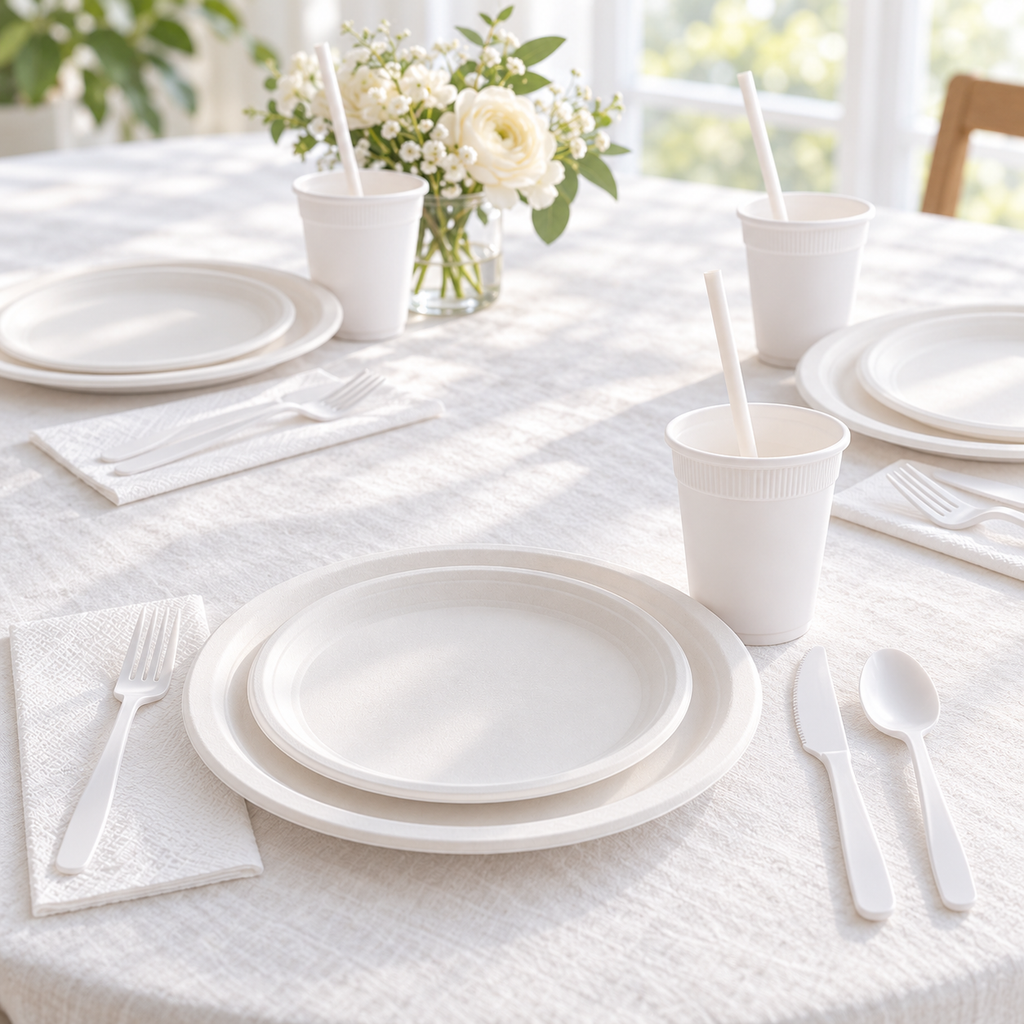 White disposable tableware arranged on a bright table; representative selection, styling props not included.