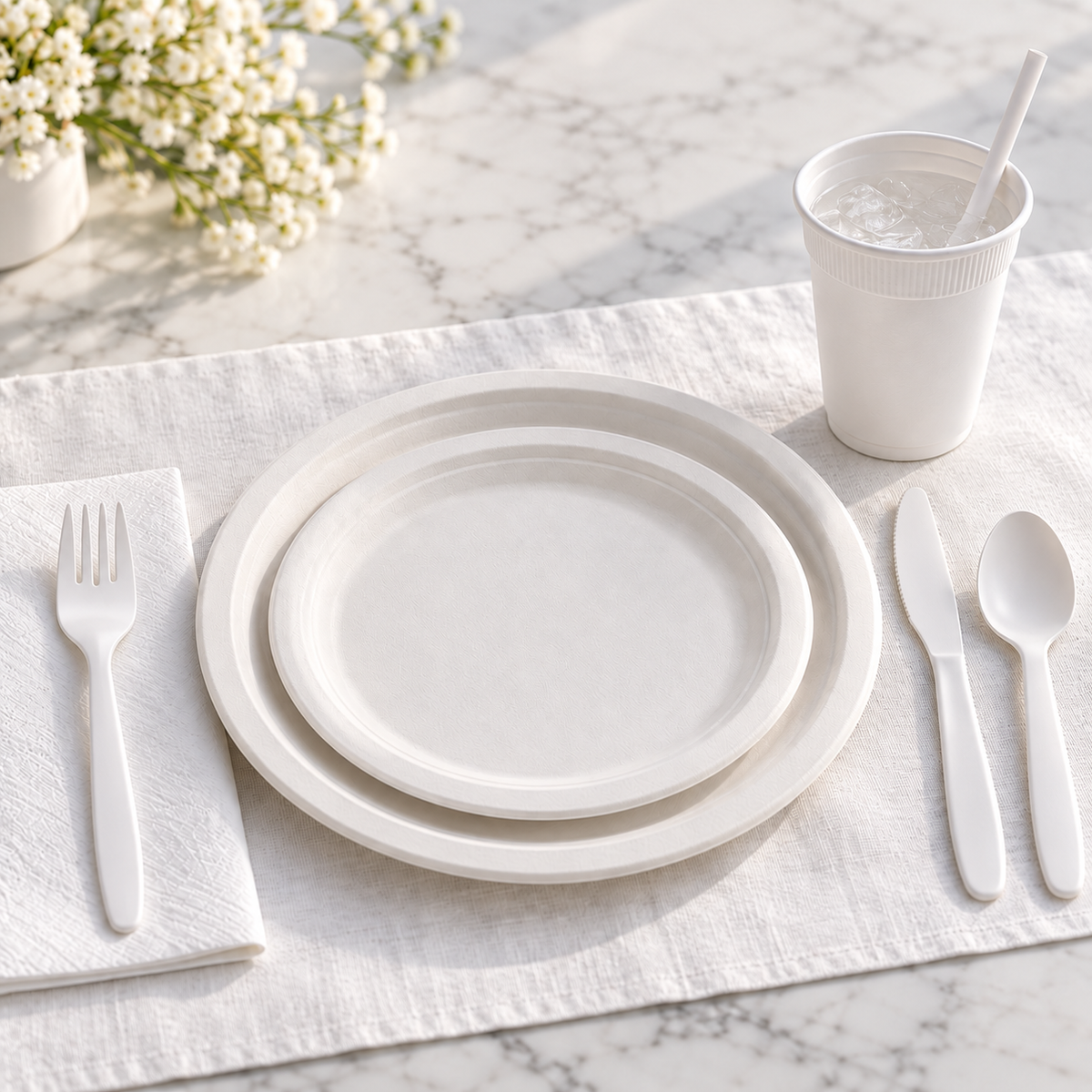 One place setting with white disposable plates, cup and matching cutlery; representative selection from the 400-piece set.