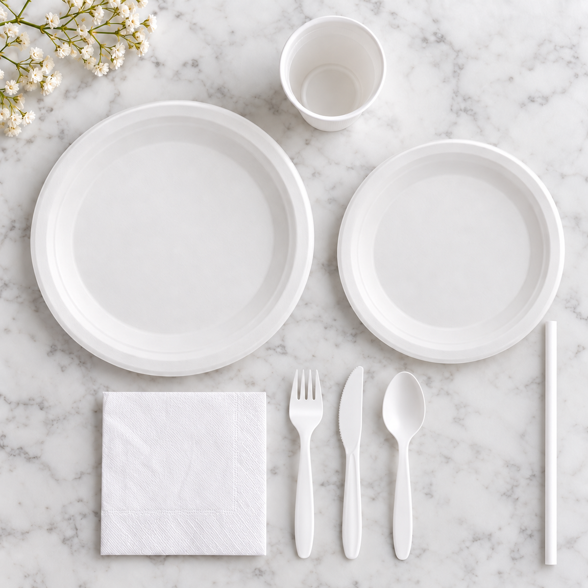Overhead arrangement of white disposable plates, cups and cutlery; representative selection from the 400-piece set.