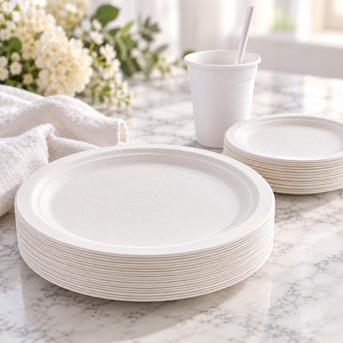 Angled view of a small stack of white disposable plates; representative selection.