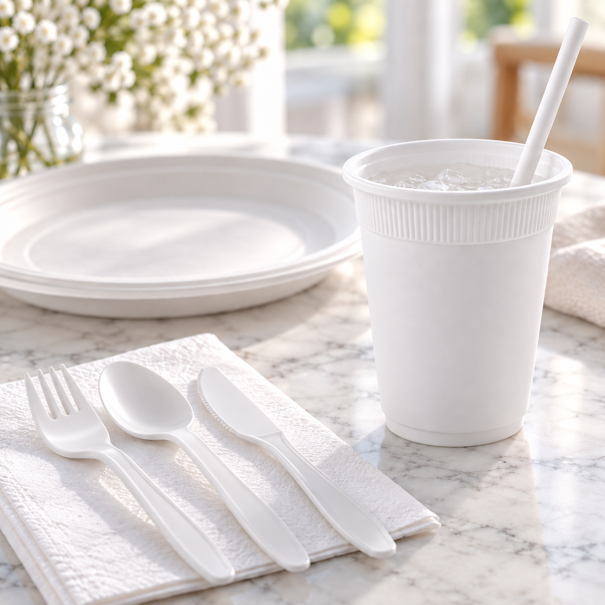 Close view of a white disposable cup and matching cutlery.
