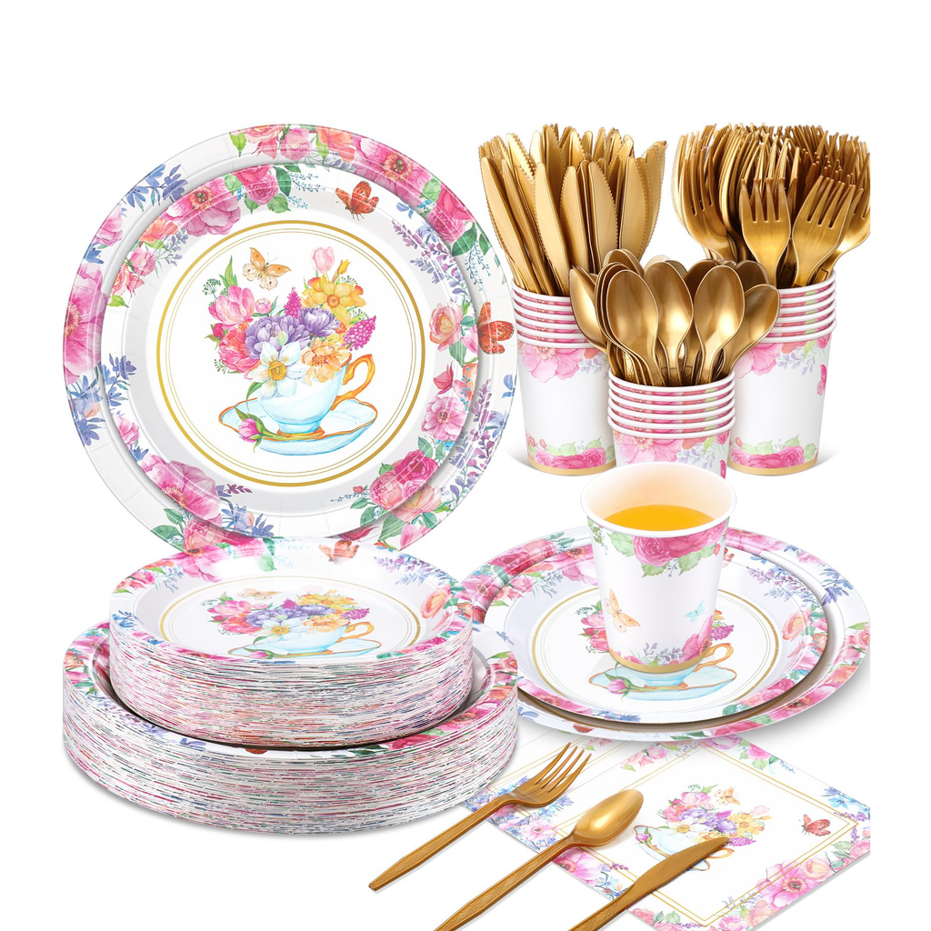 Floral tea-party plates, cups, napkins and cutlery on white; components from the 350-piece set.