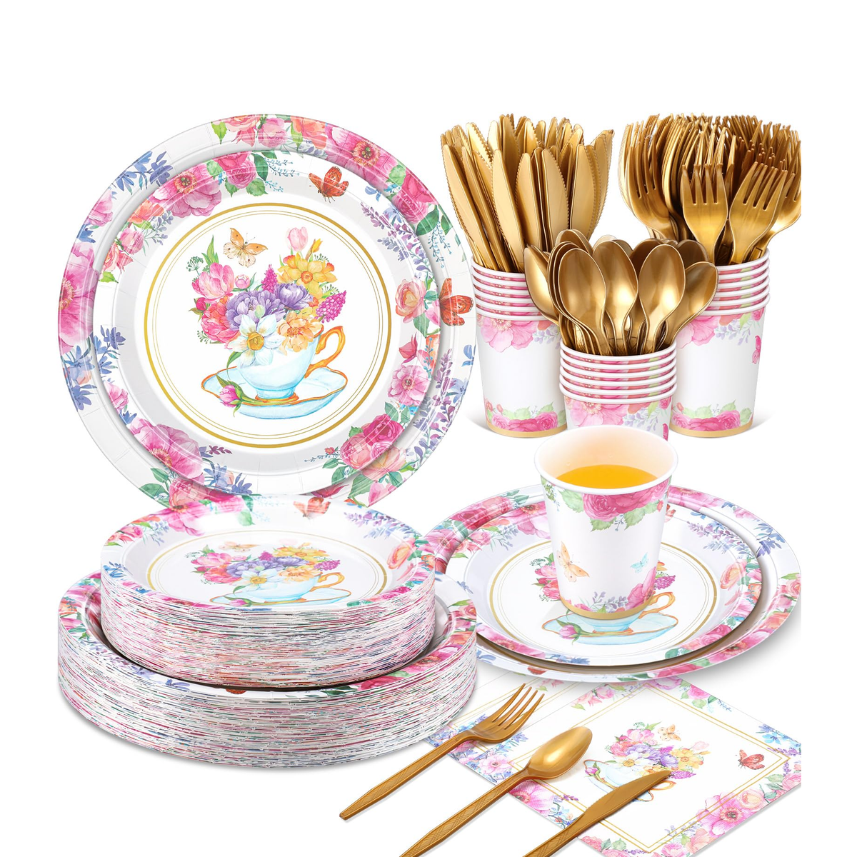 Floral tea-party plates, cups, napkins and cutlery on white; components from the 350-piece set.