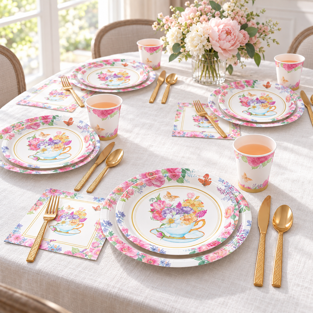 Floral tea-party tableware in a bright styled table scene; representative selection, styling props not included.