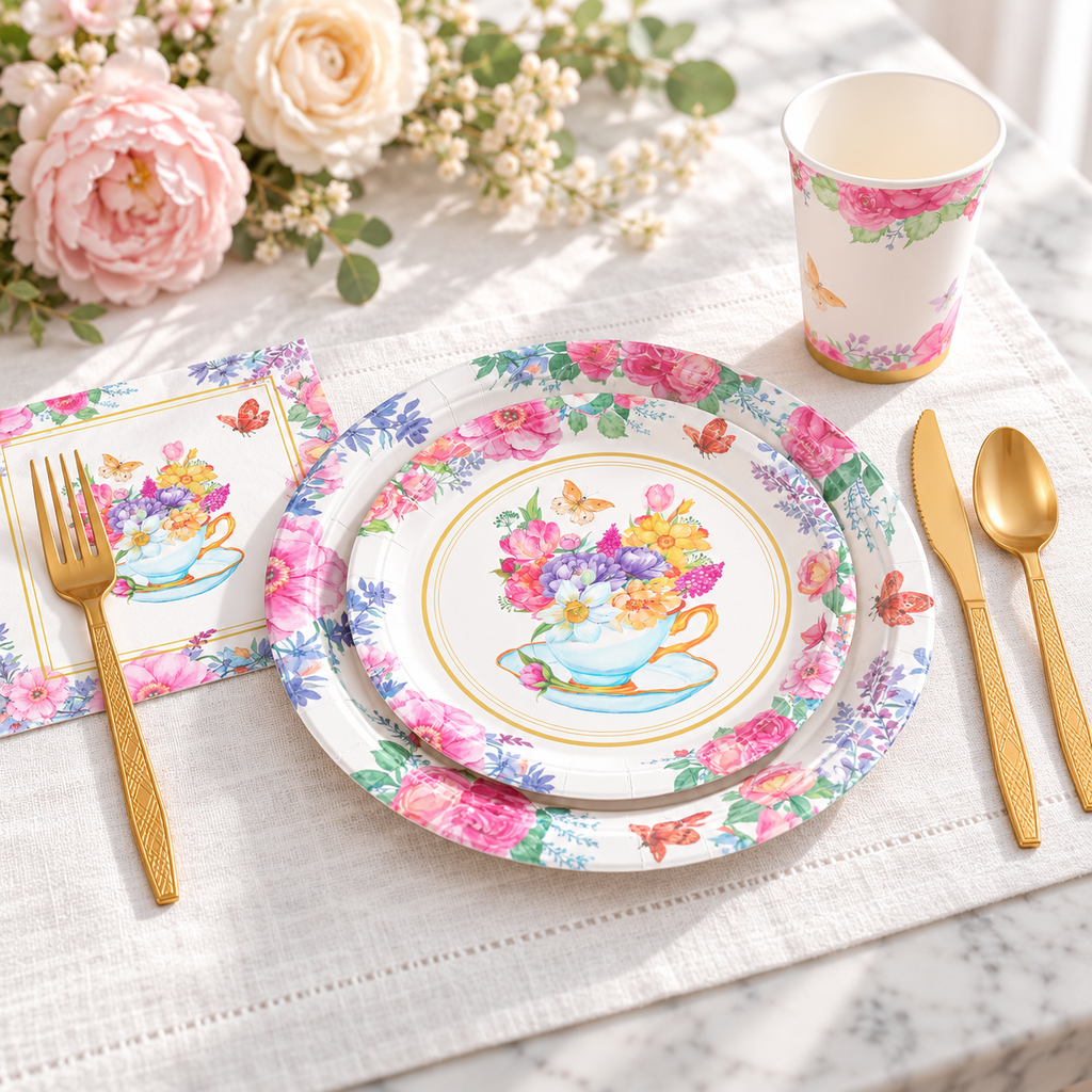 Single floral tea-party place setting; representative selection from the 350-piece set.