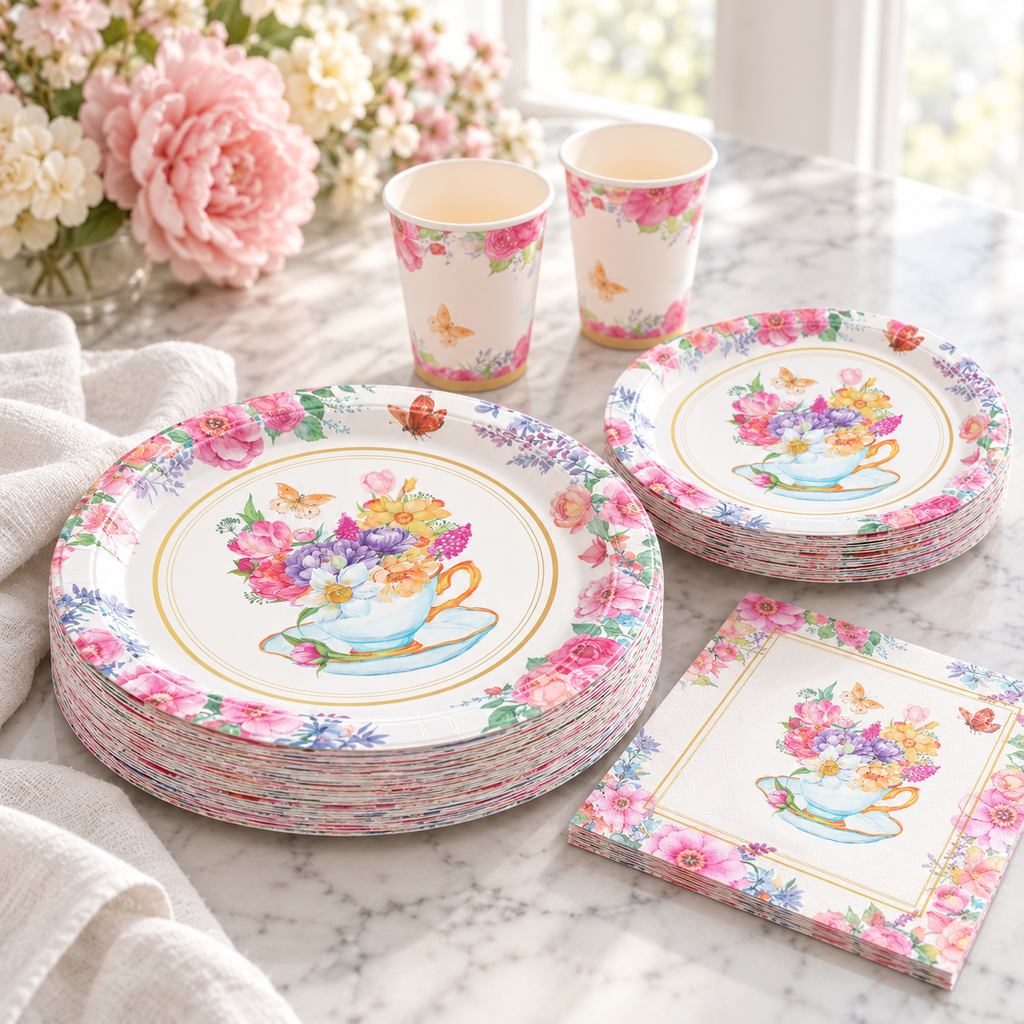Angled view of stacked floral tea-party plates; representative selection from the 350-piece set.