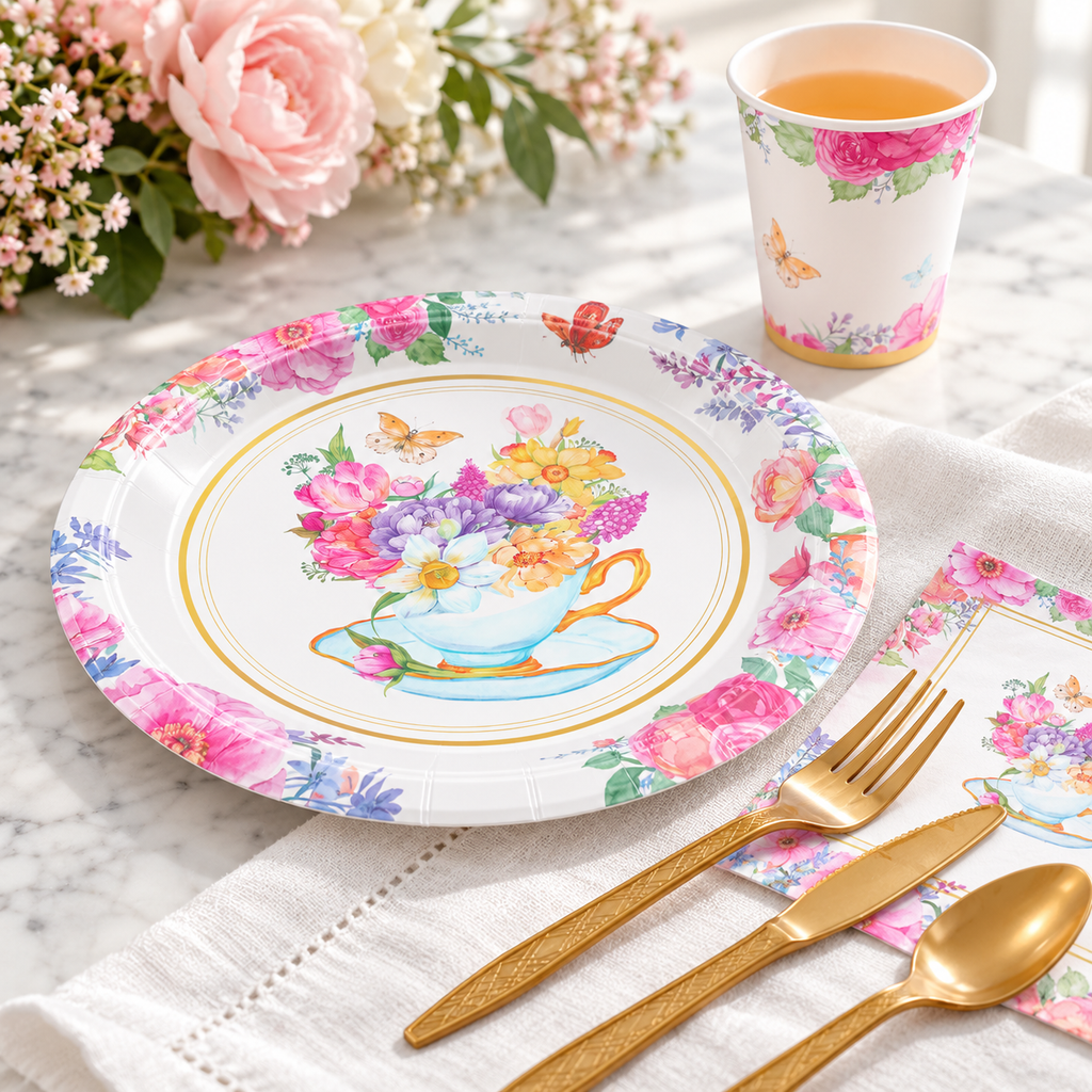 Close view of floral tea-party print and matching cutlery.