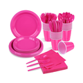 Hot pink party tableware on white, showing components from the 168-piece set for 24 guests.