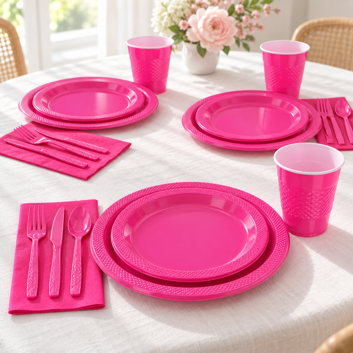 Hot pink plates, cups, napkins and cutlery in three styled settings; representative selection, flowers not included.