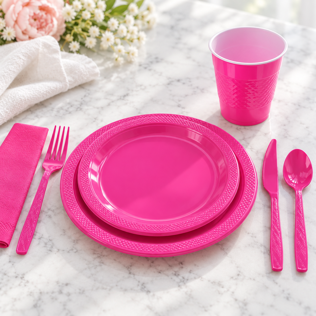 One hot pink place setting with matching cup, napkin and cutlery; representative selection from the 168-piece set.