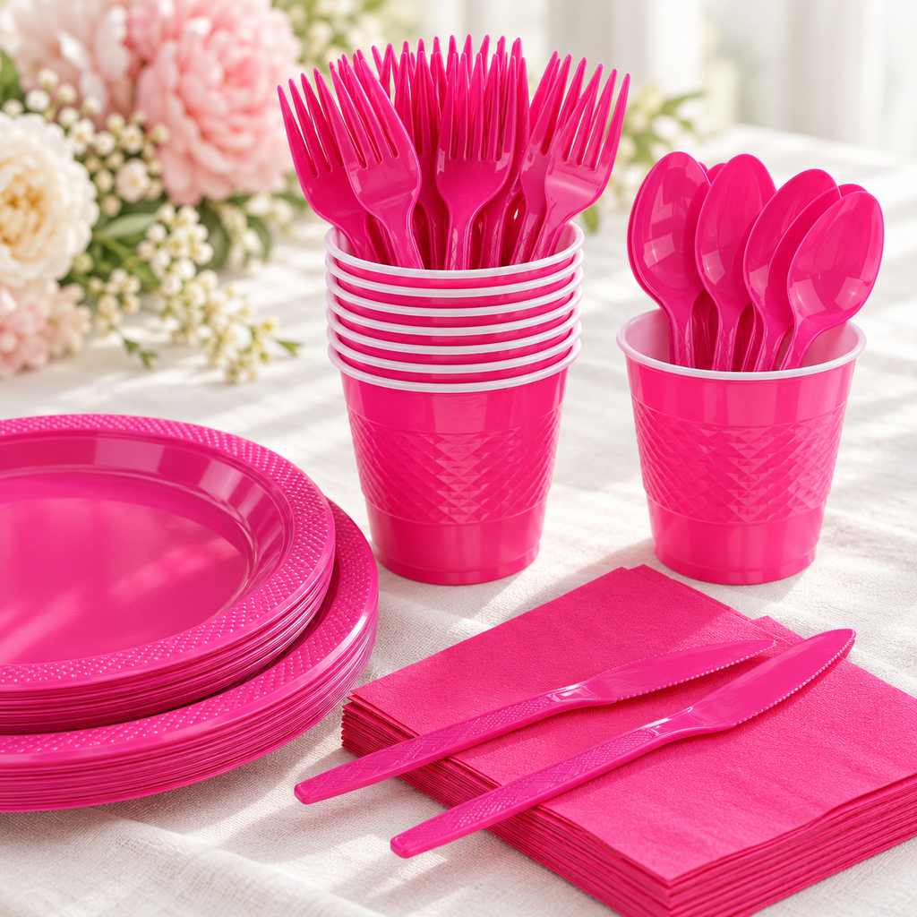 Hot pink cups holding matching cutlery beside plates and napkins; representative selection from the 168-piece set.
