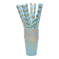 Blue cups with gold dots and matching straws on white; components from the celebration kit.