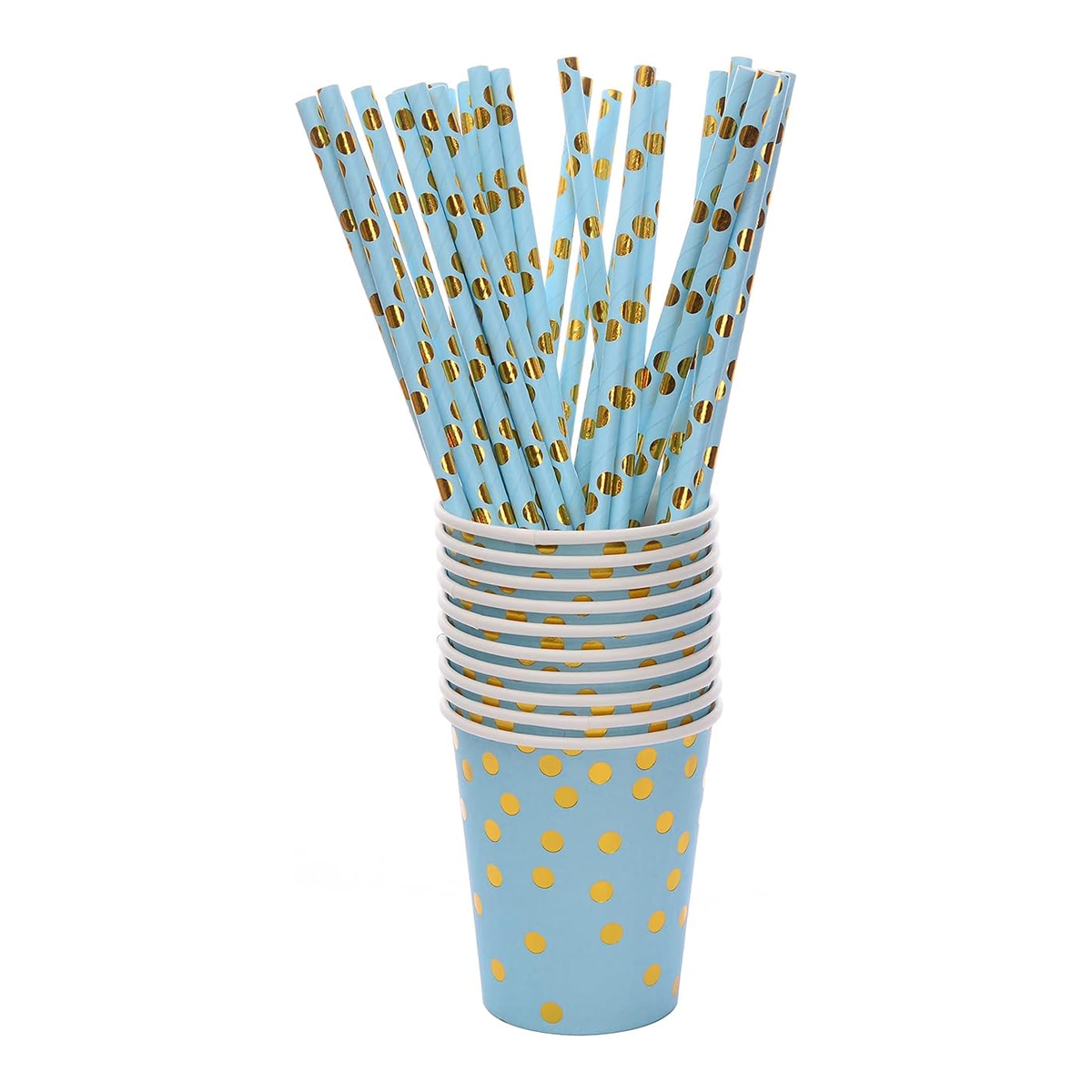 Blue cups with gold dots and matching straws on white; components from the celebration kit.
