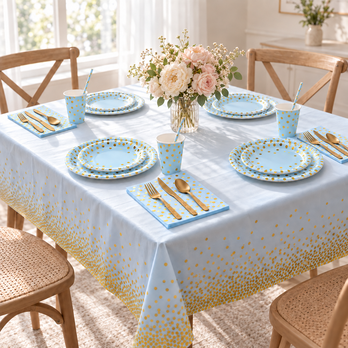 Blue and gold-dot party tableware in a styled table scene; representative selection, styling props not included.
