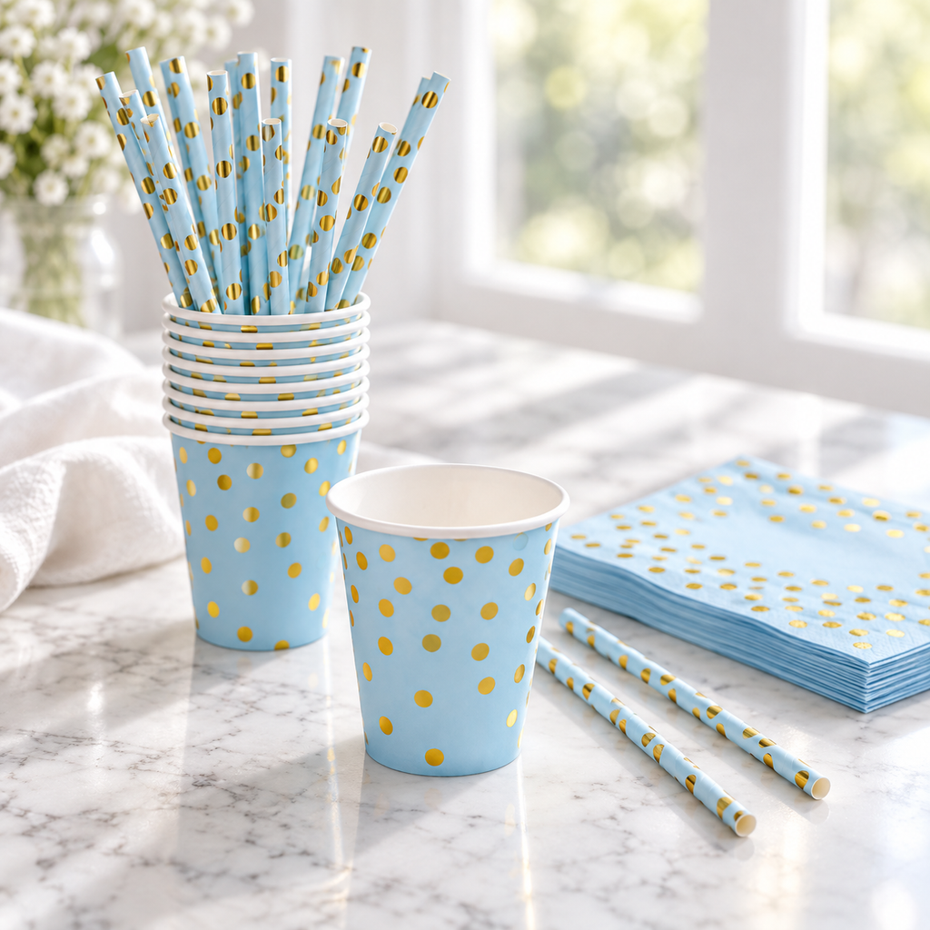 Blue cups with gold dots and matching straws beside a bright window; representative selection.