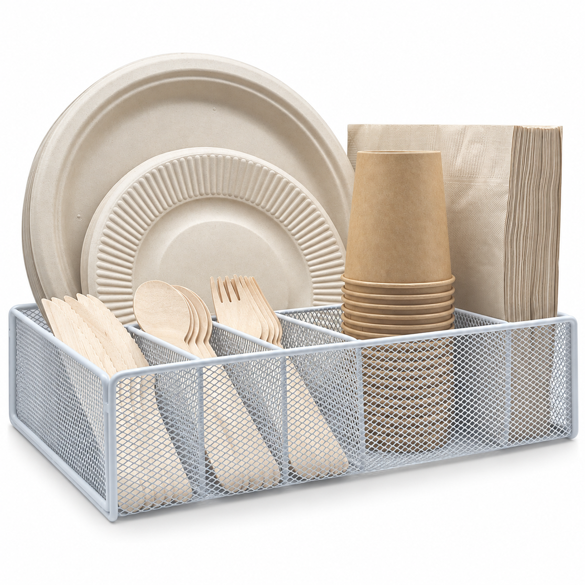 White mesh silverware and plate caddy, full product on white background. Tableware and styling props not included.