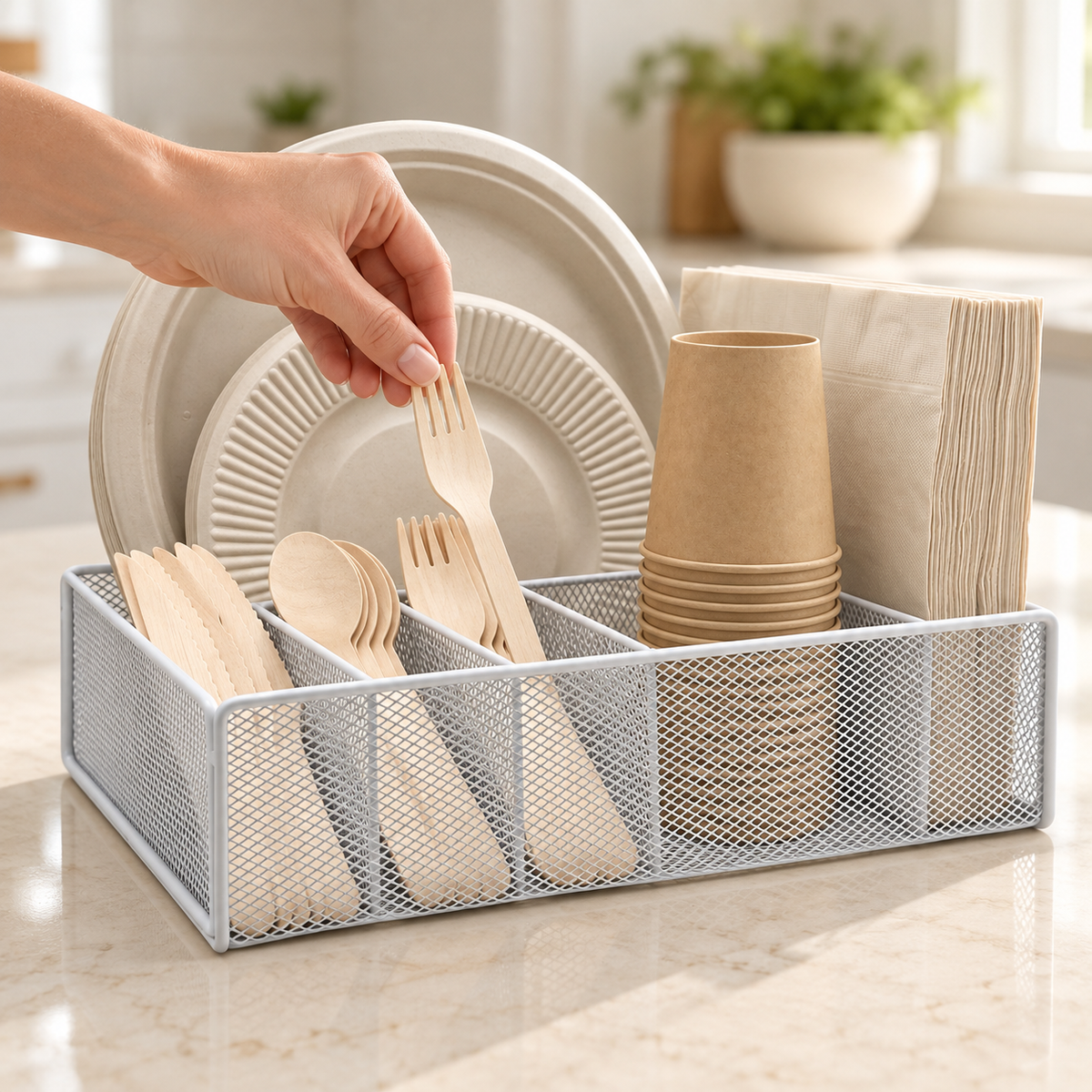 Hand selecting a wooden fork from the white mesh caddy on a kitchen counter, showing scale and use. Tableware and styling props not included.
