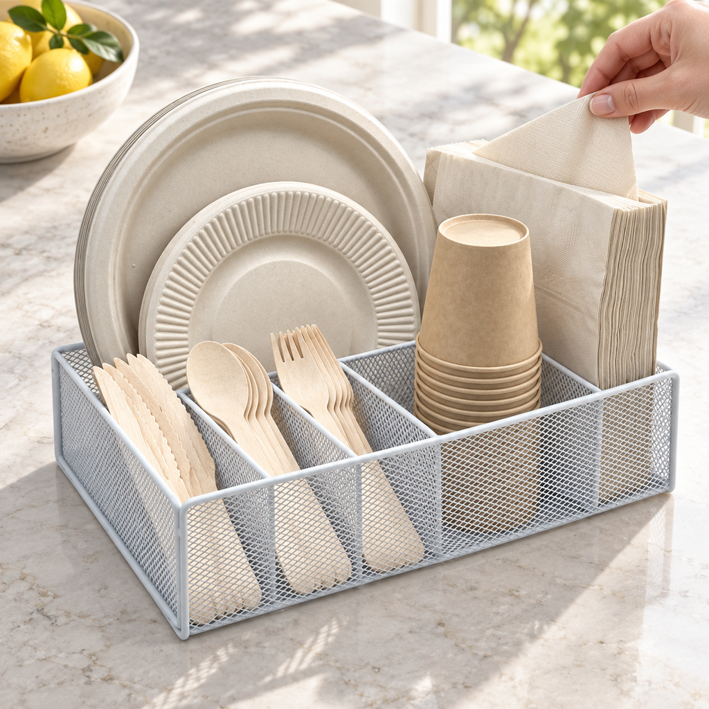 High-angle view of a hand taking a napkin from the white mesh caddy at a buffet counter. Tableware and styling props not included.