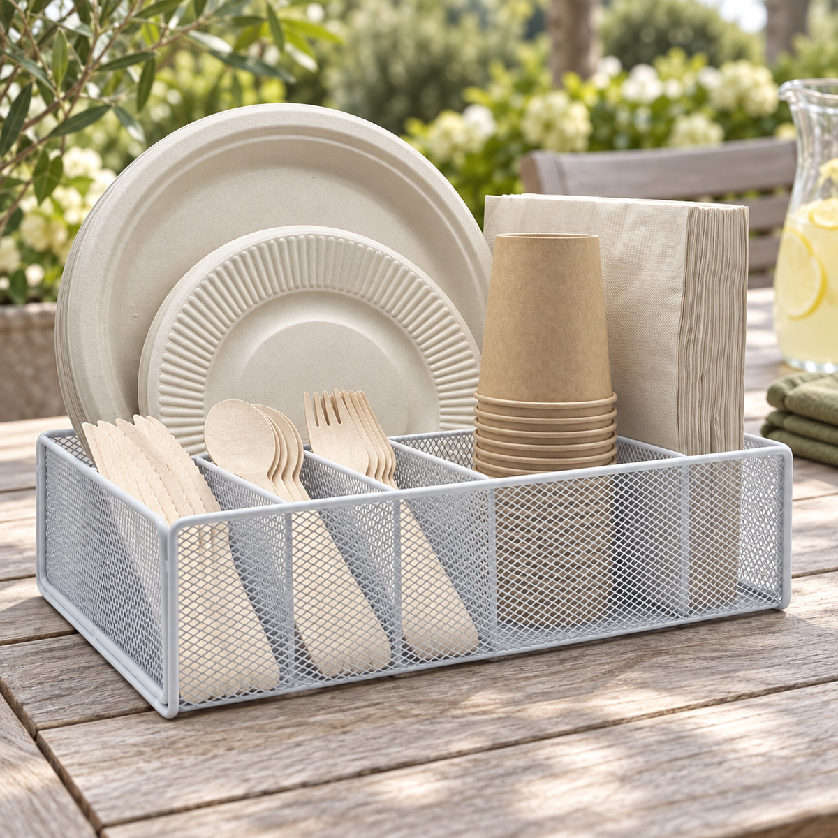White mesh tableware caddy on a patio dining table with lemonade in the background. Tableware and styling props not included.