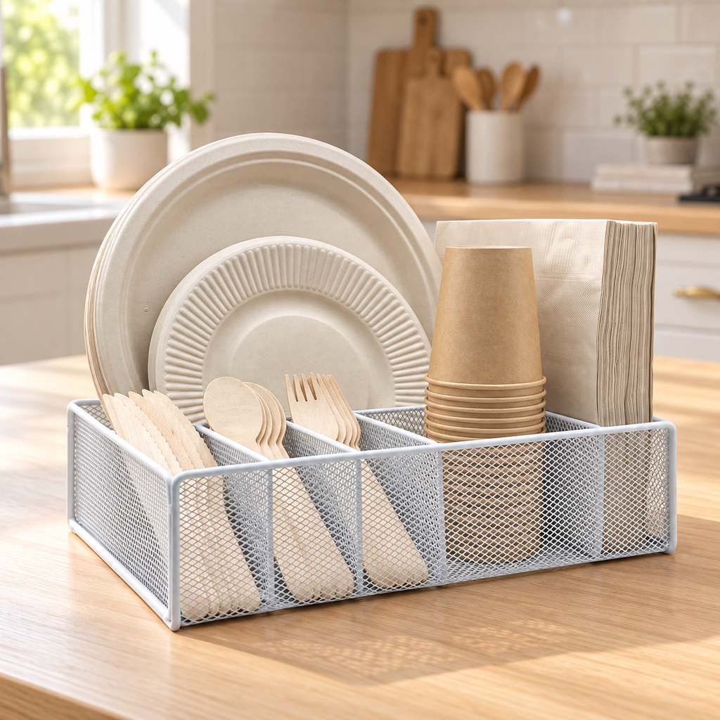 White mesh caddy holding neutral tableware on a pale wood kitchen counter in soft window light. Tableware and styling props not included.
