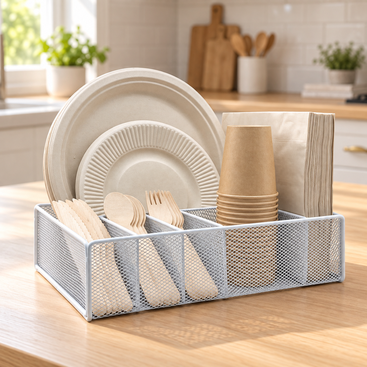 White mesh caddy holding neutral tableware on a pale wood kitchen counter in soft window light. Tableware and styling props not included.