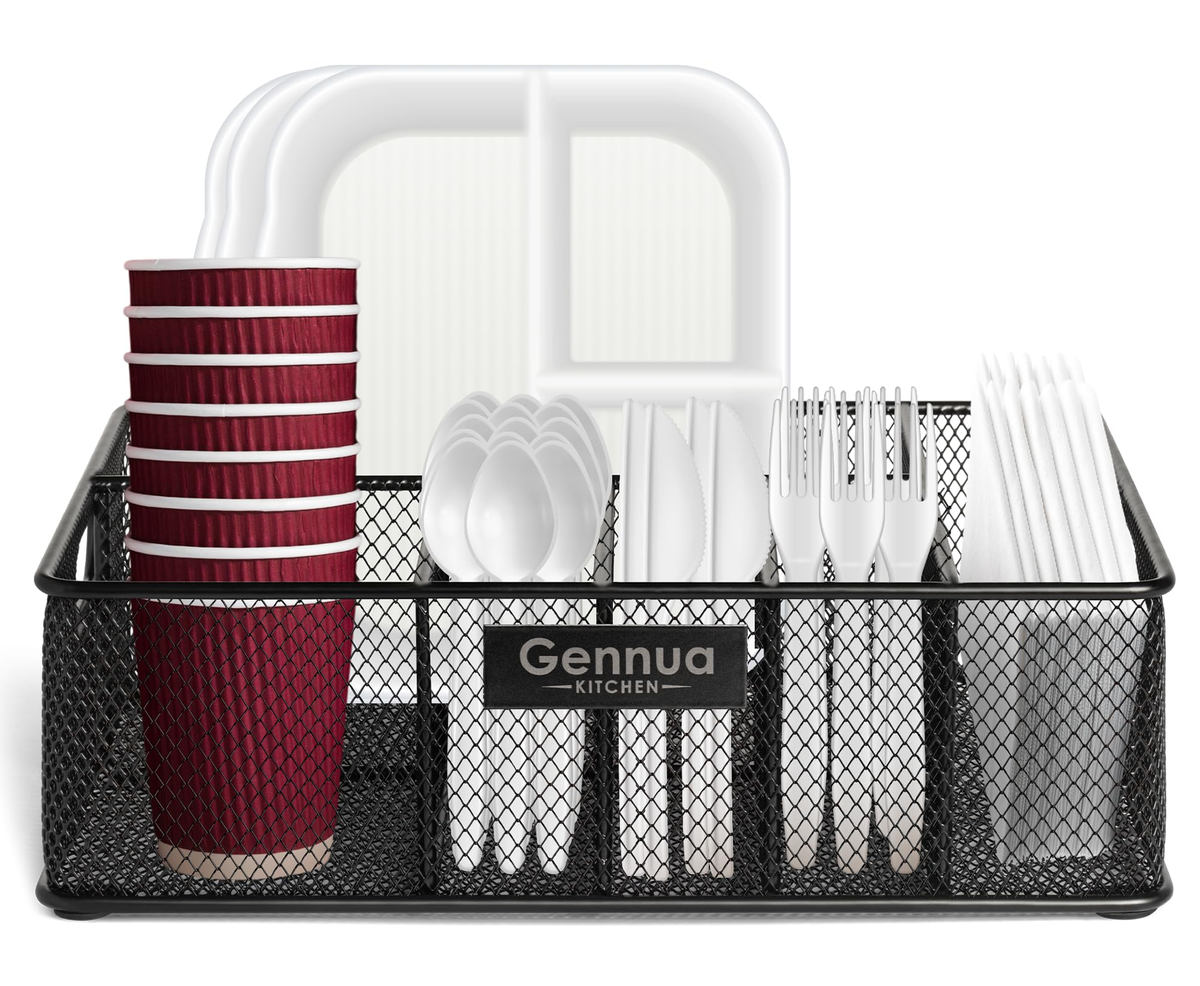Black diamond-mesh Gennua Kitchen organizer on white, shown with red cups, white cutlery, napkins and divided plates. Tableware and styling props not included.