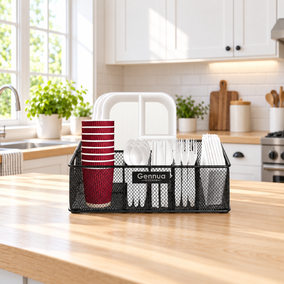 Black Gennua Kitchen organizer with tableware on a pale wood counter in a bright kitchen. Tableware and styling props not included.