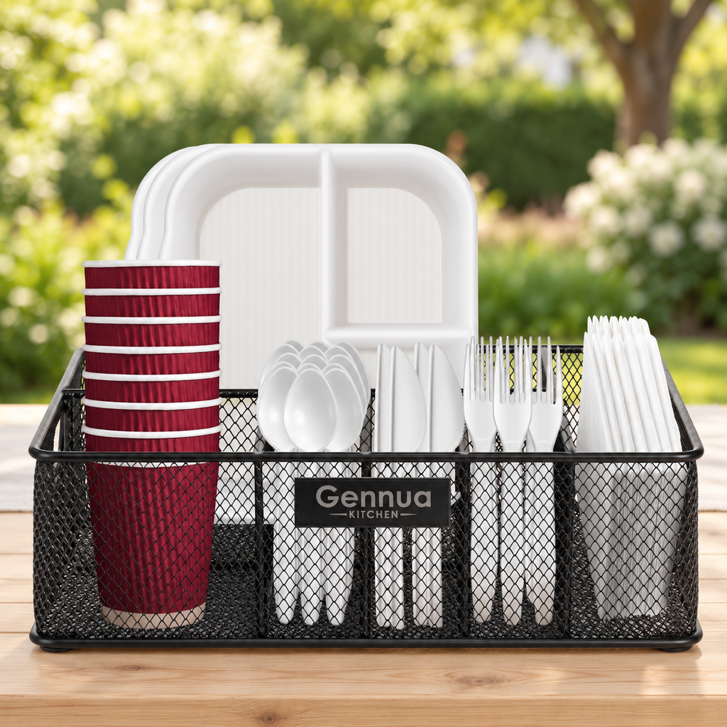 Black mesh Gennua Kitchen tableware organizer on a pale wood picnic table with a softly blurred garden. Tableware and styling props not included.