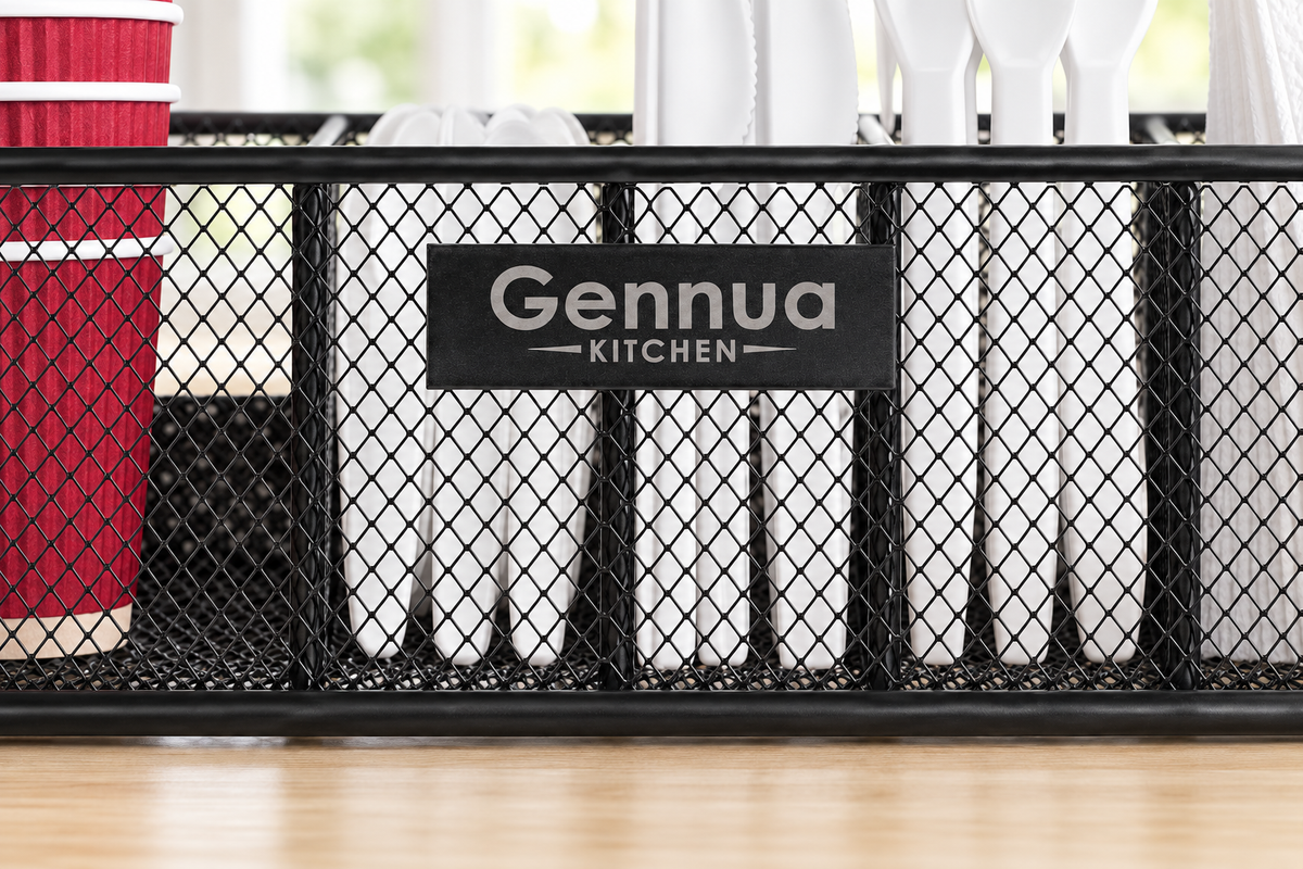 Close front view of the thin rectangular Gennua Kitchen badge, fine black diamond mesh and rounded frame on a pale wood counter. Tableware and styling props not included.