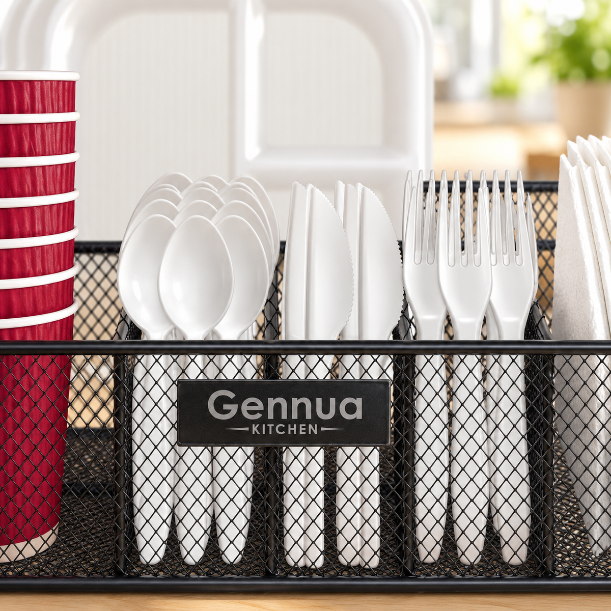 Close view of white spoons, knives and forks in the black organizer’s separate visible middle compartments. Tableware and styling props not included.