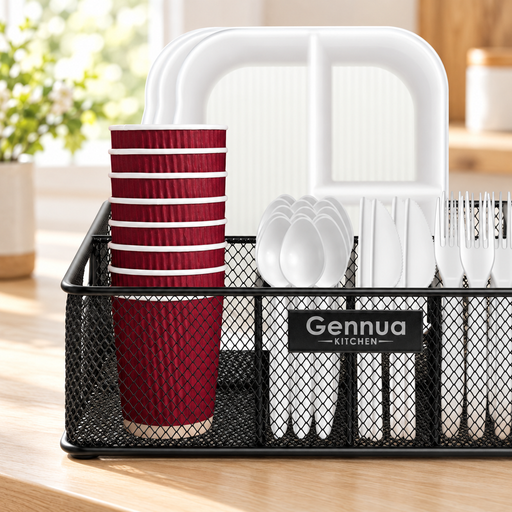 Close view of dark red nested cups and upright white divided plates in the black mesh organizer. Tableware and styling props not included.