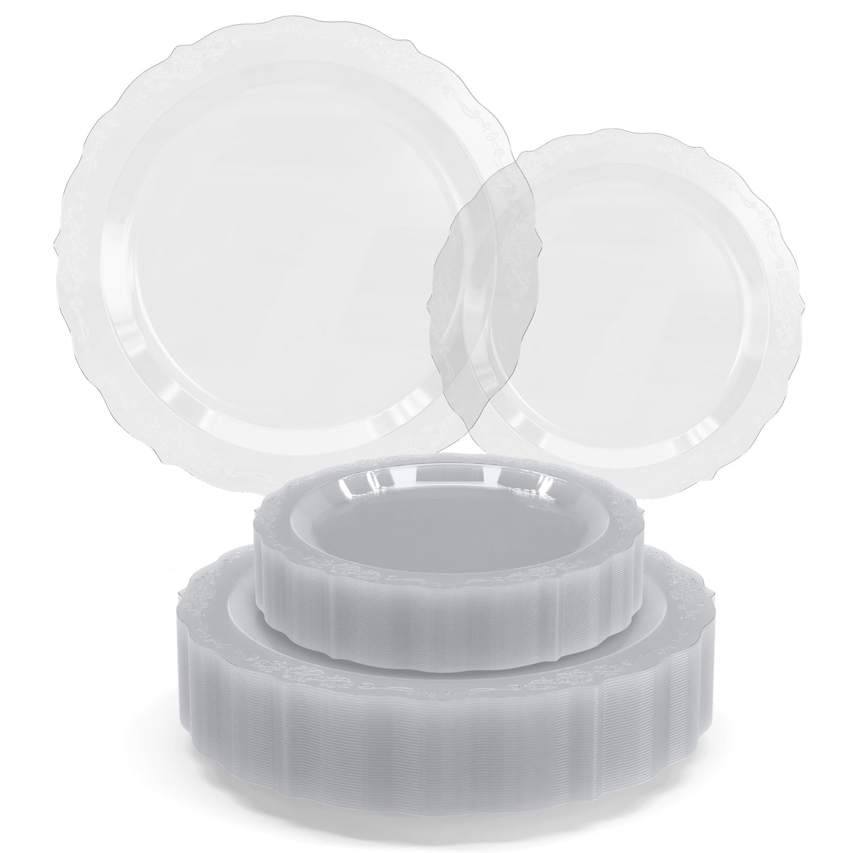 Clear Victorian-style plates in two sizes on white; representative selection from the set.