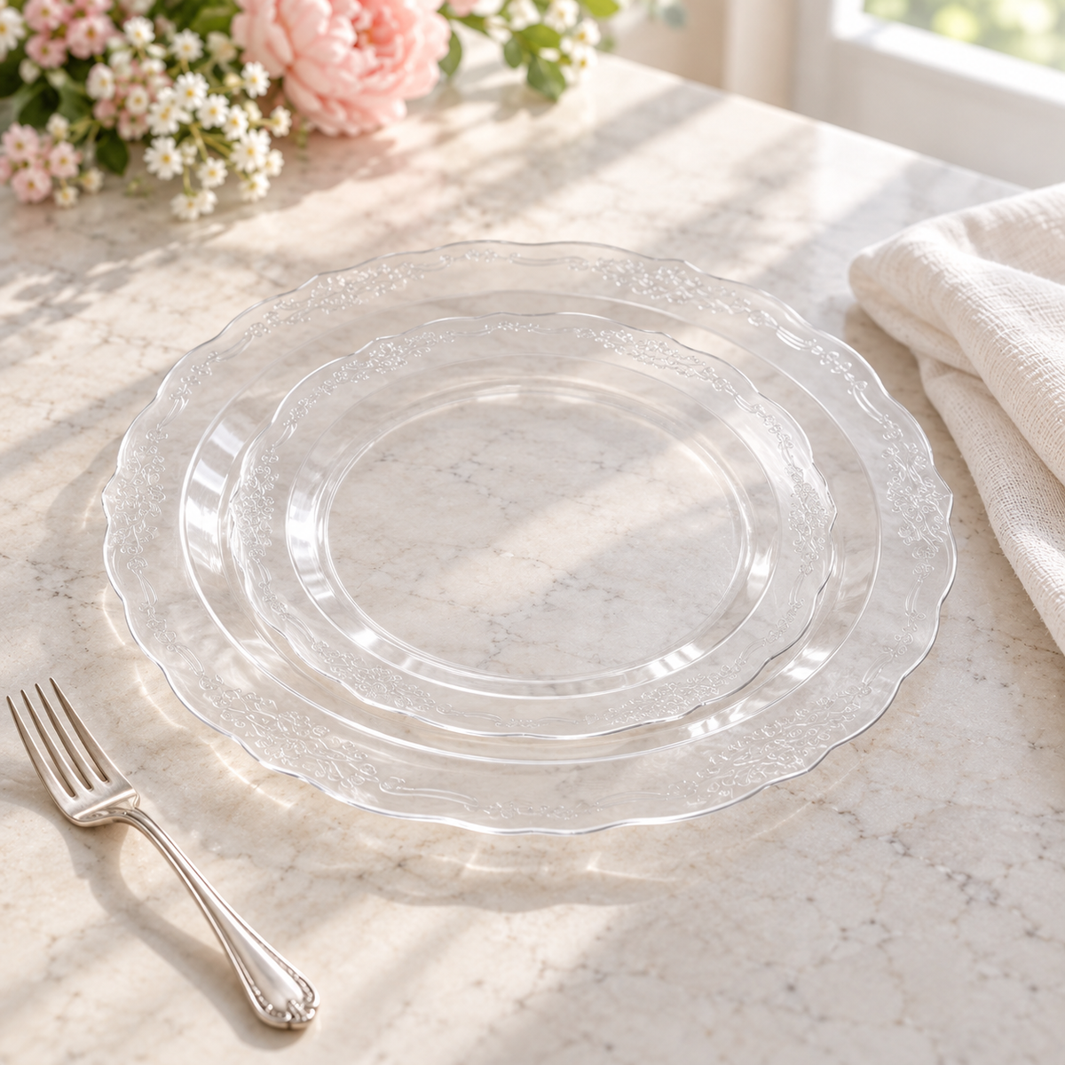 Two sizes of clear patterned plates nested by a bright window; styling props not included.