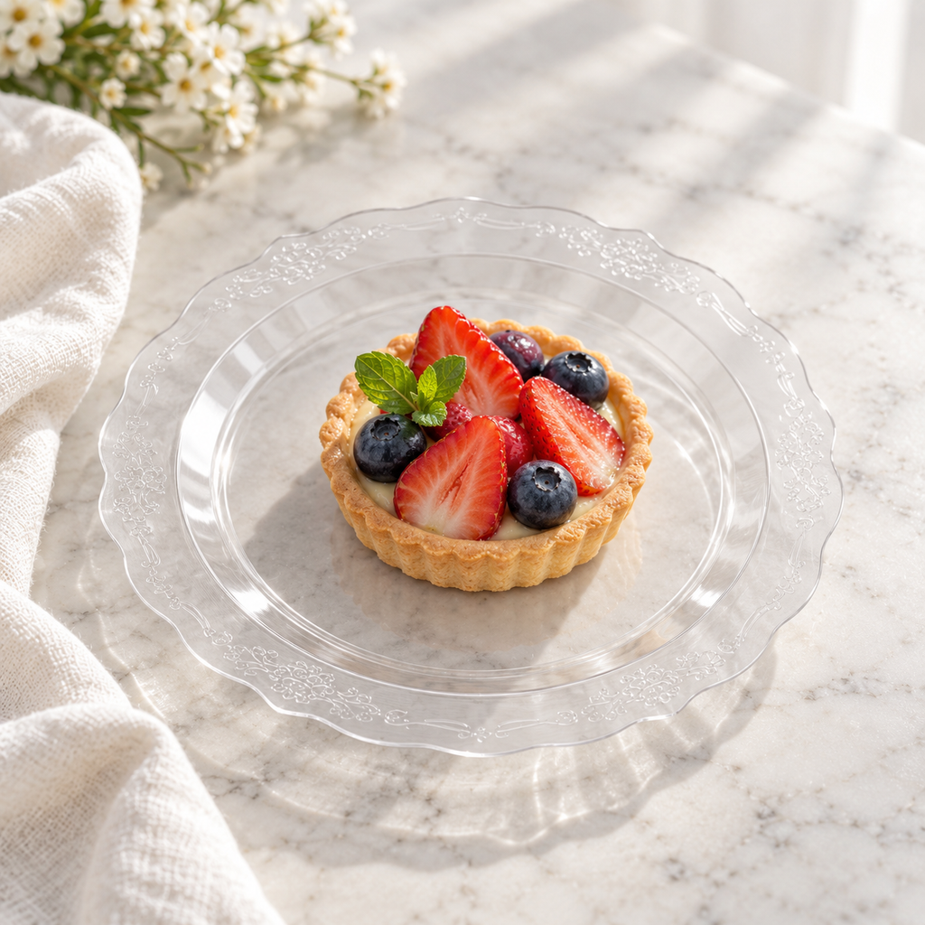 Clear patterned plate holding a small berry tart; food and styling props not included.