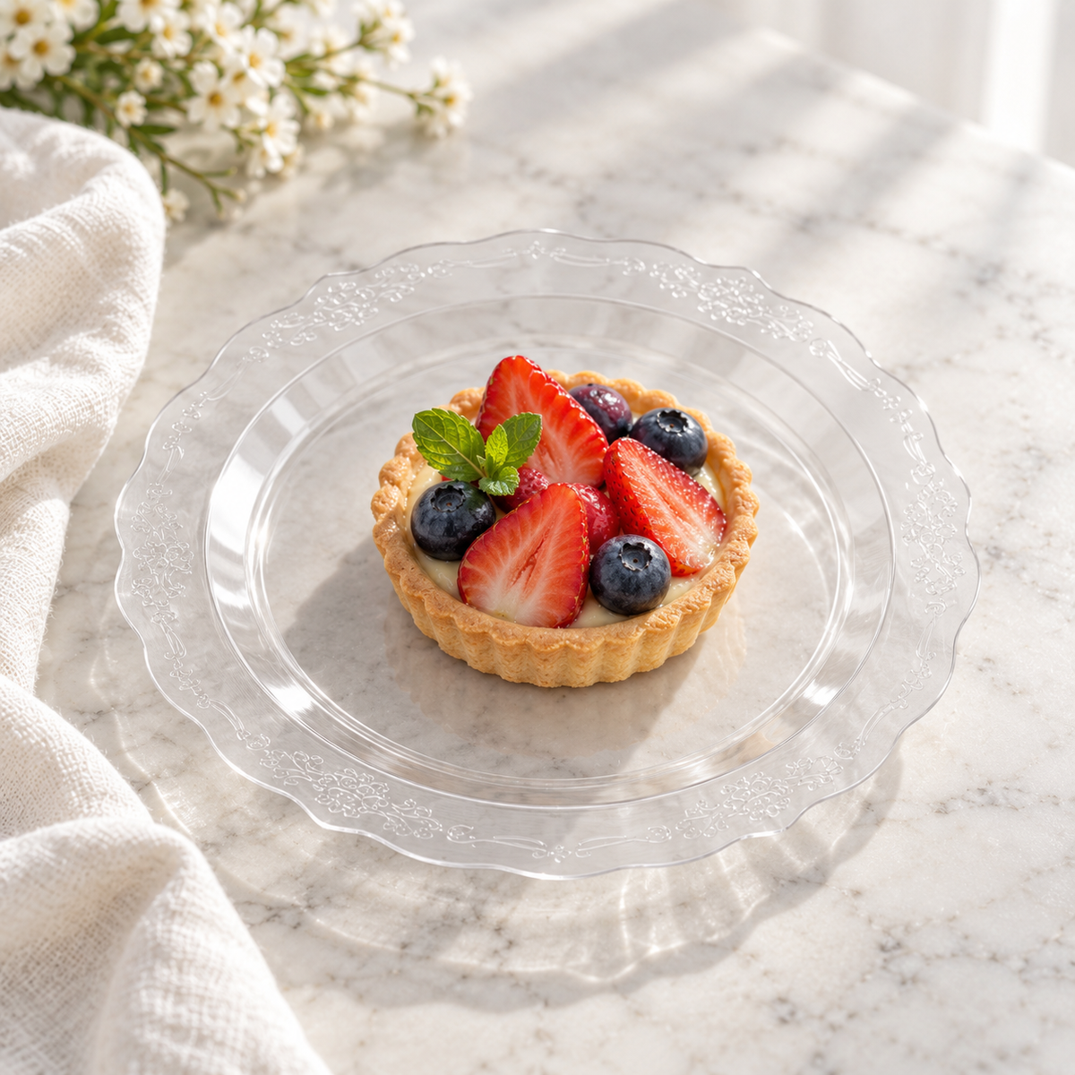 Clear patterned plate holding a small berry tart; food and styling props not included.