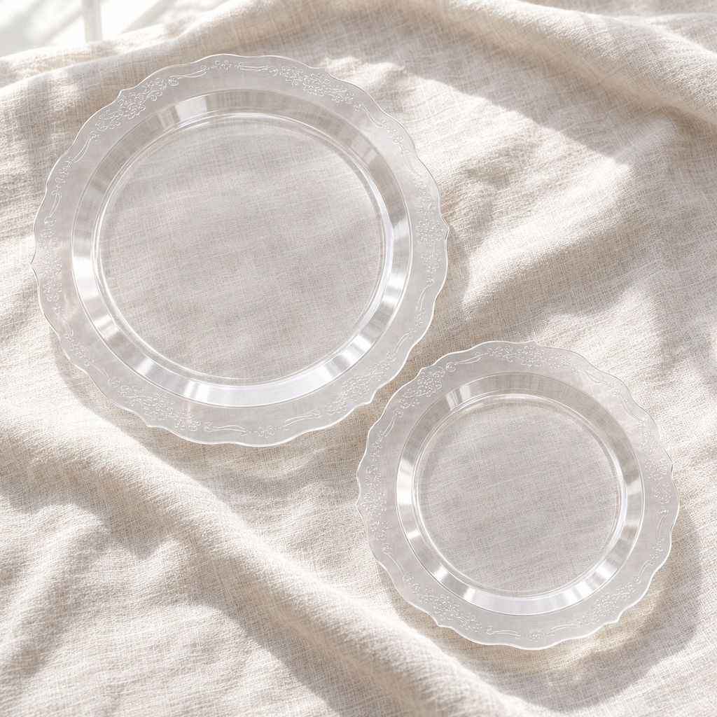 Two clear Victorian-style plates face up on linen; representative selection from the set.