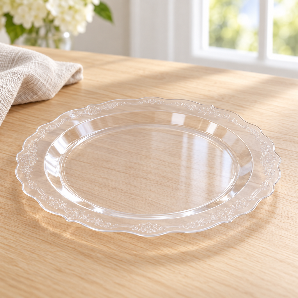 Single clear patterned plate showing its shallow profile and scalloped rim.