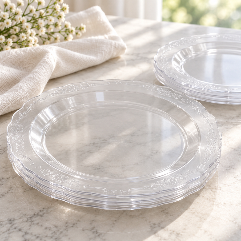 Short stacks of clear patterned plates showing thin nested edges; representative arrangement.
