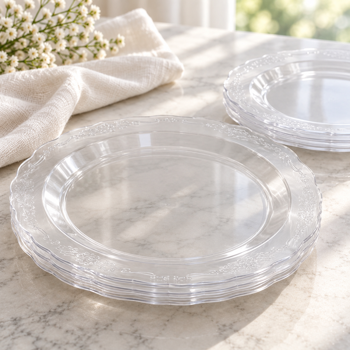 Short stacks of clear patterned plates showing thin nested edges; representative arrangement.