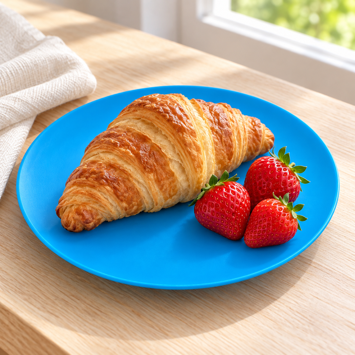 Blue plate holding a croissant and berries; food and styling props not included.