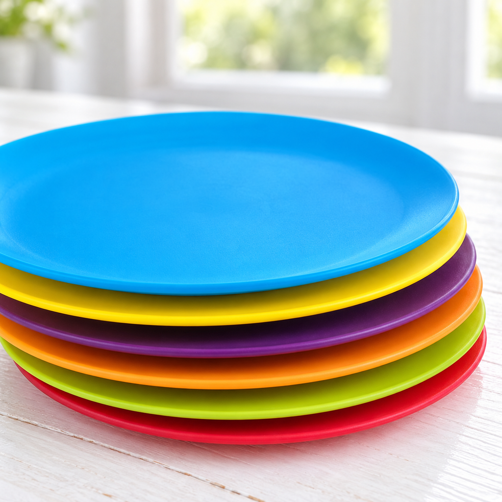 Close view of the slim stacked edges of assorted-colour plates.
